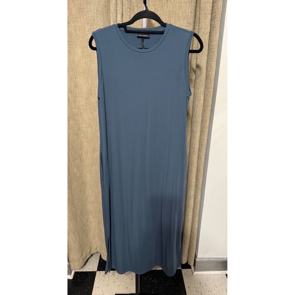 Cozy Earth Slate Blue Brushed Bamboo Sleeveless Midi Dress Slits Pockets M